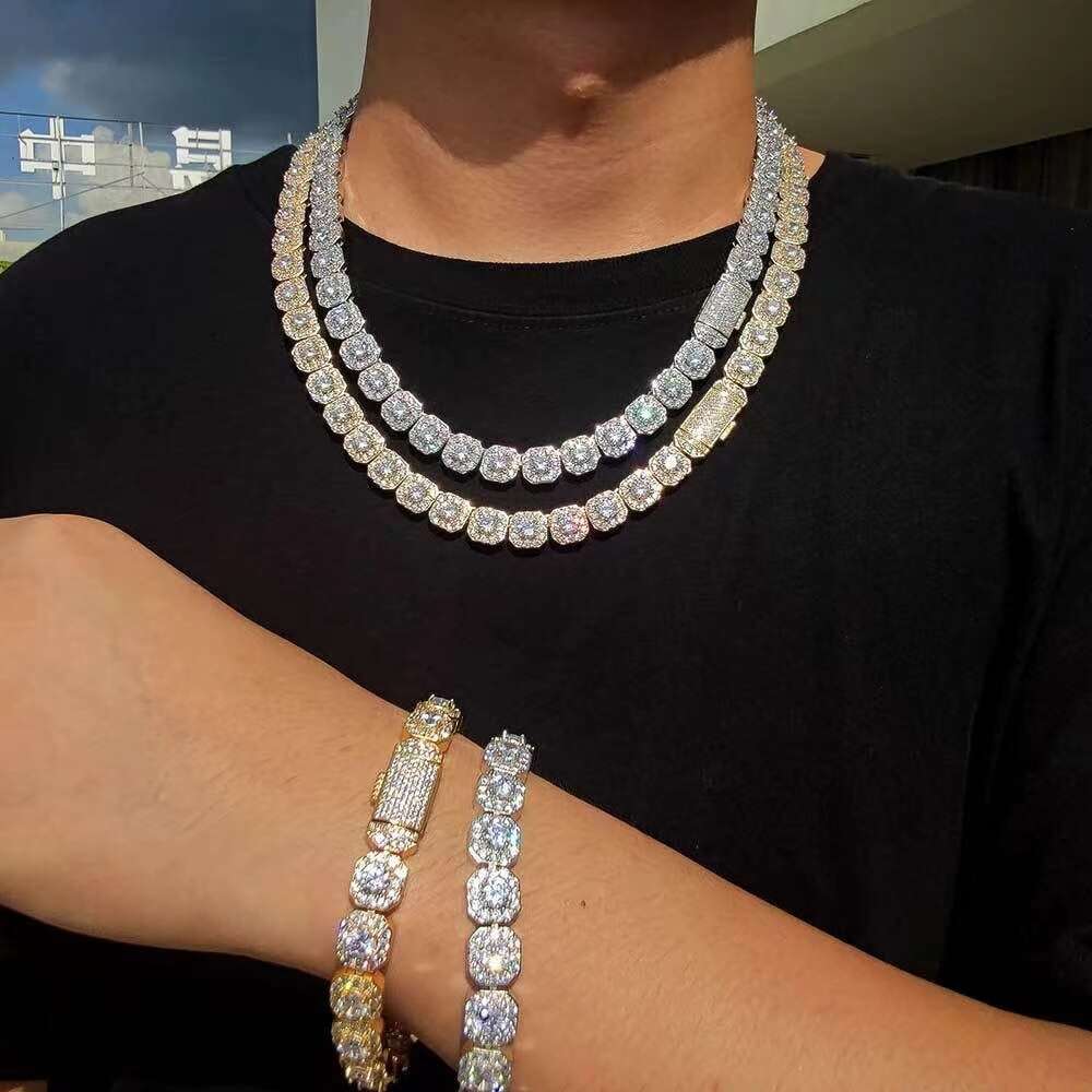 Necklace moissanite chain cuban link chain Design large 8mm 12mm 925 Sterling Silver Moissanite Tennis Link Chain Mens
