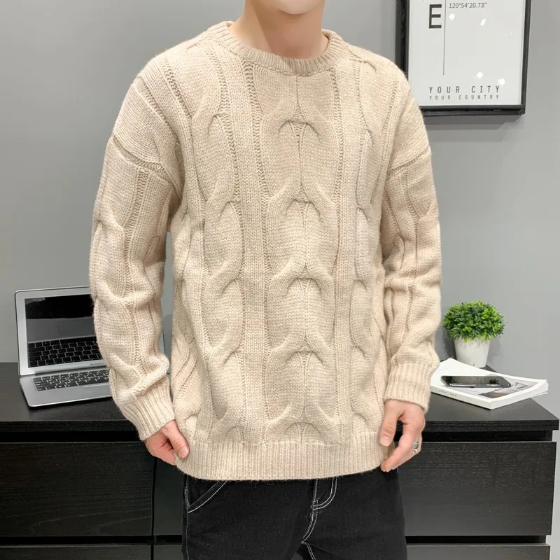 Men's Sweaters Fashion Men's Twist Knit Sweater Solid Color Loose Pullover Round Collar Comfortable Harajuku Long Sleeve Top Male Autumn Win