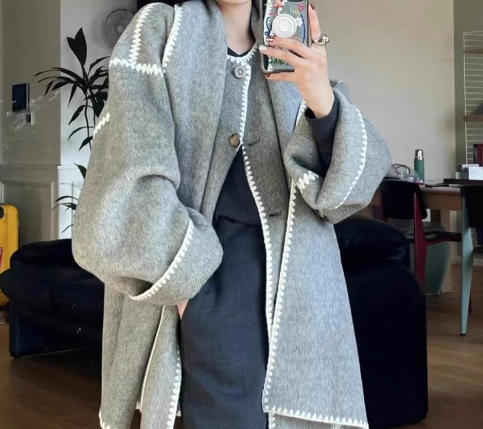 Double faced cashmere coat for women in autumn and winter 2023, medium length new style cashmere double faced woolen coat powder