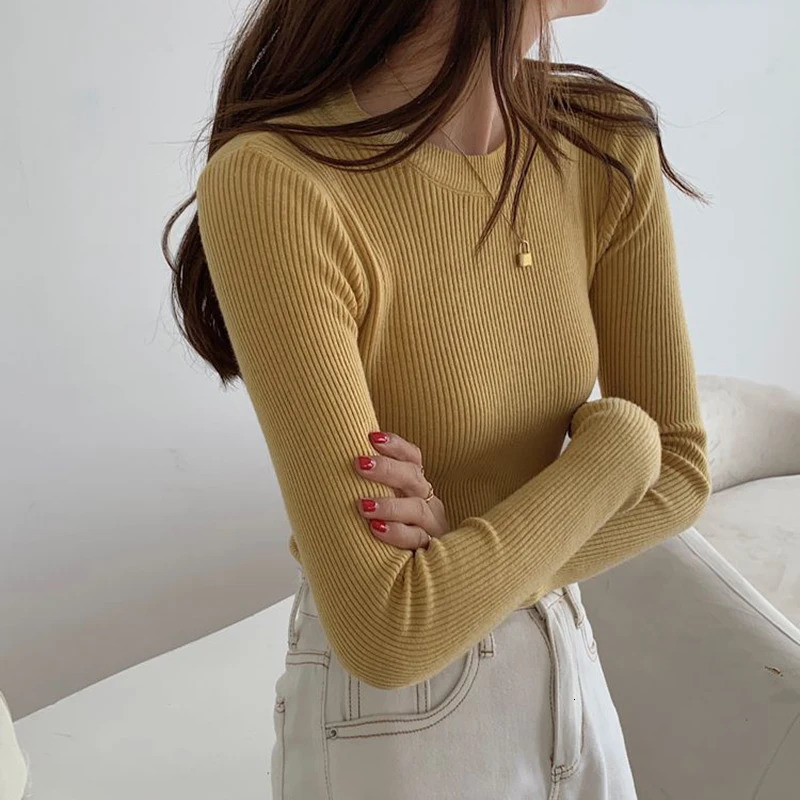 Women's Sweaters Lucyever Sweater Women Pullover Autumn Winter Basic Slim Fit ONeck Knitted Female Solid Ribbed Long Sleeve Jumpers Top 231026