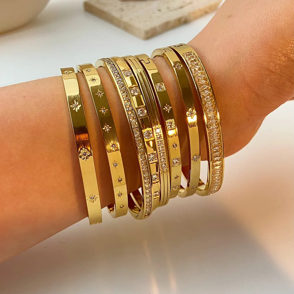 Bangle Waterproof Cubic Zirconia Bangles Stainless Steel Bracelets Gold Plated Jewelry for Women Factory Wholesales Customize