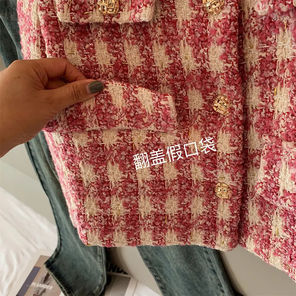 Women's Jackets KUSAHIKI Tweed Short Coat Women Autumn Korean Hit Color Plaid Jacket Fashion Elegant O-neck Single Breasted Cardigan Tops 231026