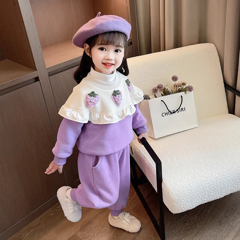 Clothing Sets Children Winter Clothing Sets Baby Girls Strawberry Thickened Sweater Pants Kids Clothes Outfits Infant Tracksuits Sportswear 231026