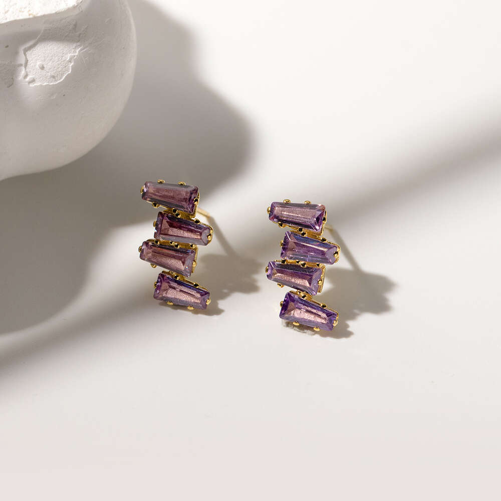 S925 Silver Wave Square Purple Moissanite Diamond Zircon Stud