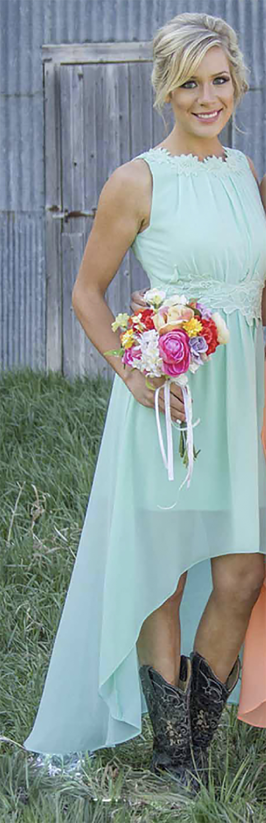 Casual Mint Orange Chiffon High Low Bridesmaid Dresses 2023 Cheap Country Lace Wasit Maid Of Honor Wedding Party Dress Custom Made