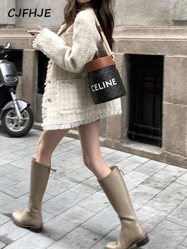 Women's Jackets CJFHJE Women's Beige Round Neck Tassel Outerwear Spring Autumn Korean Fashion Long Sleeve Loose Raw Edge Tweed Women Jacket 