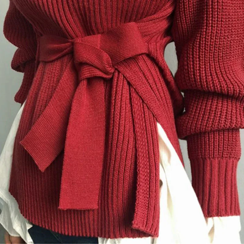 Women's Sweaters Xpqbb Women Turtleneck Pullover Sweater Korean Fashion Bandage Side Split Knitting Jumper Woman Winter Warm Long Sleeve 231026