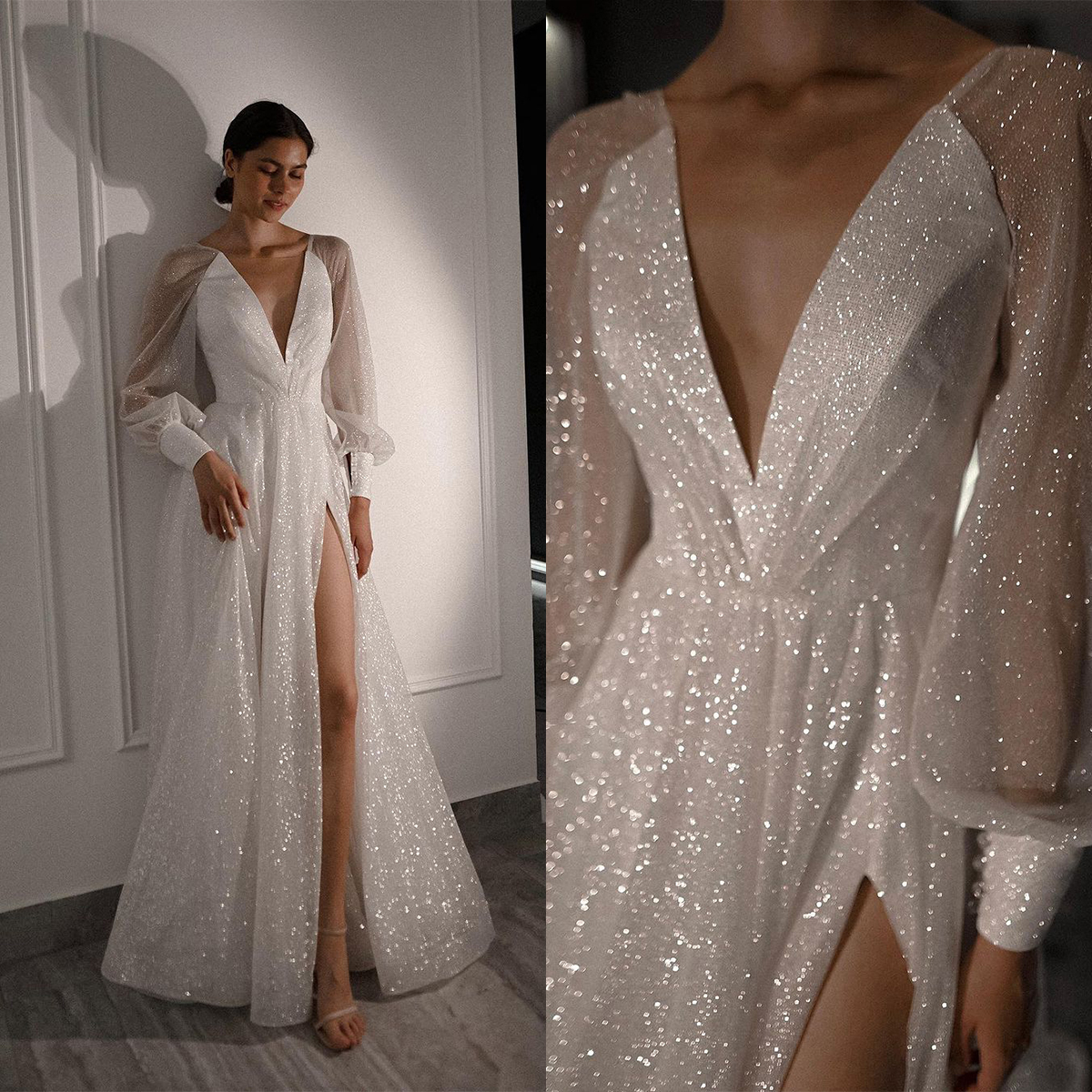 Sparkg V Neck A e Wedding Gowns Sequined Full Sleeve High Side Split Modest Bridal Gown Custom Made Robe de mariee