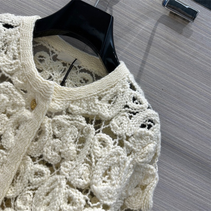 2023 Off White ce Heavy Industry Hook Flower Hollow Knitted Cardigan Small Fragrancec C oat Women