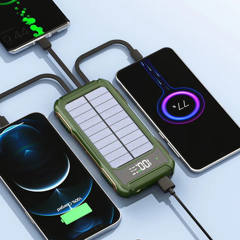 Power Bank 20000mah Solar Powerbank with Cable Type C Fast Charging External Battery Charger for iPhone 12 13 Xiaomi 10 9 Huawei