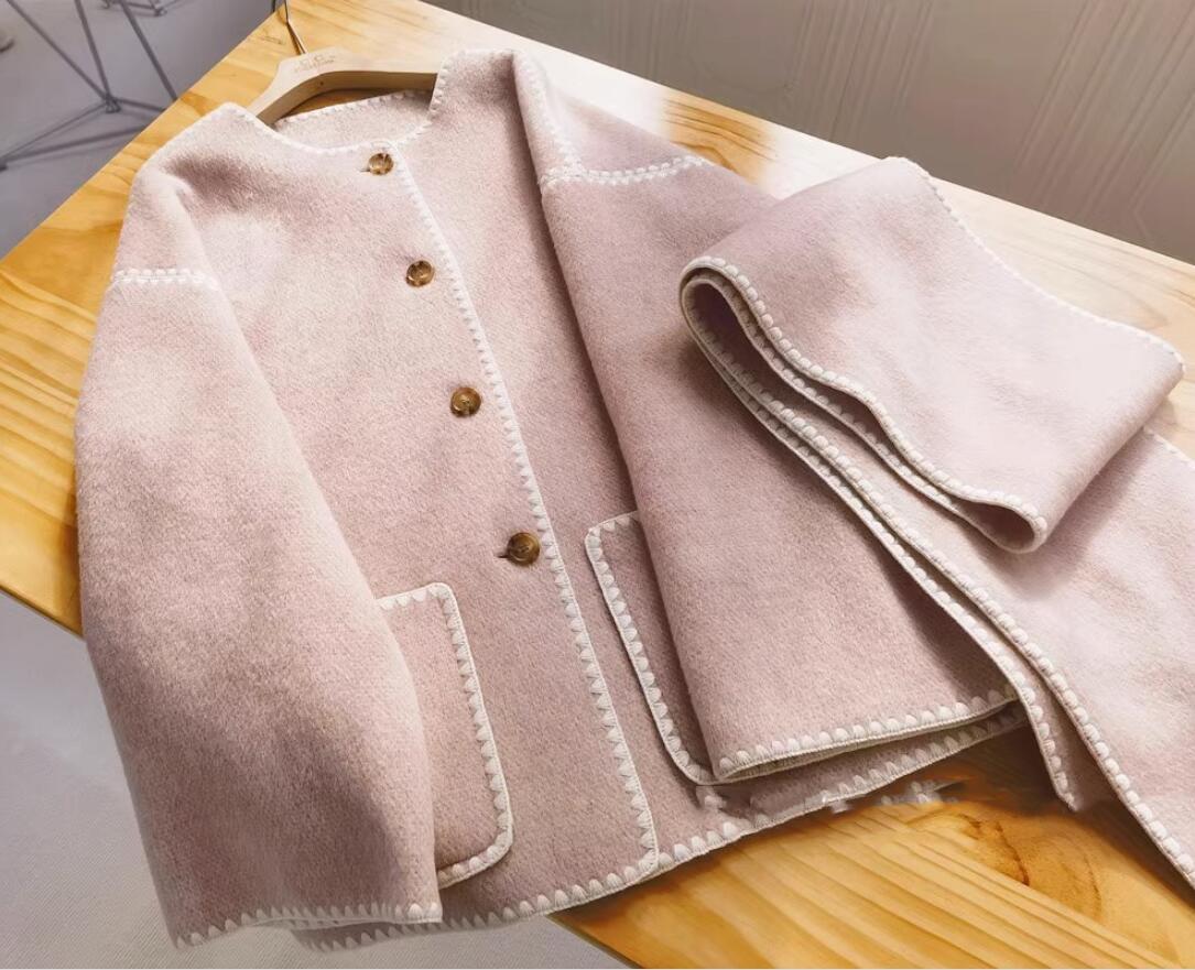 Double faced cashmere coat for women in autumn and winter- medium length new style cashmere double faced woolen coat powder s-m