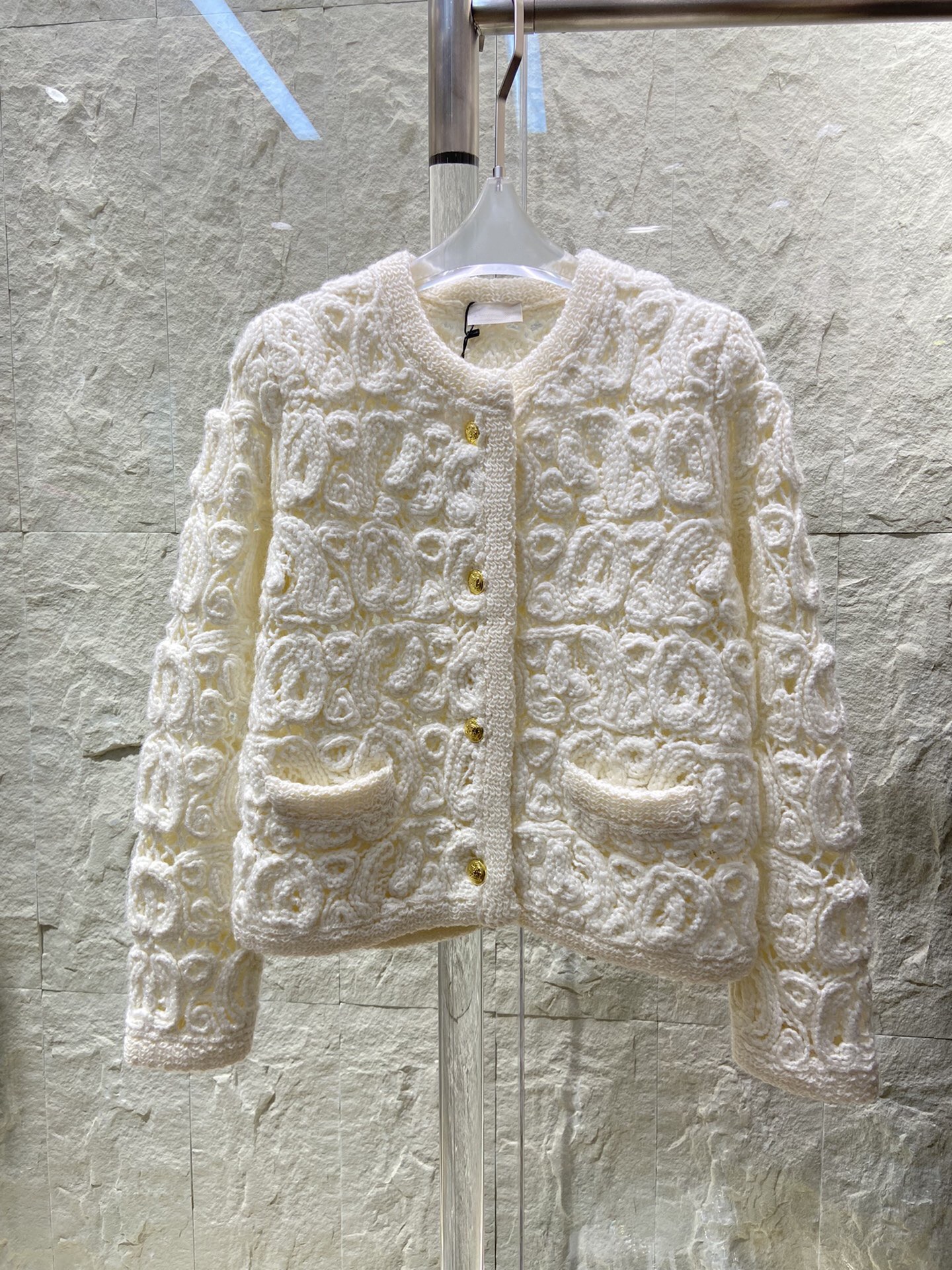 Off White ce Heavy Industry Hook Flower Hollow Knitted Cardigan Small Fragrance C Coat Female