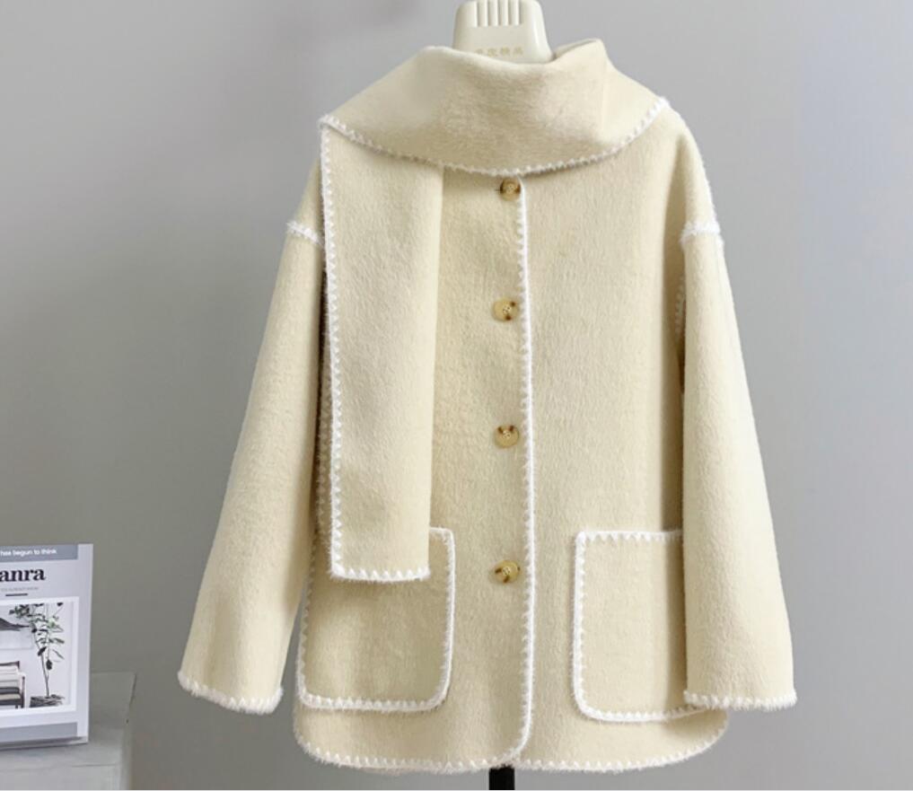 Double faced cashmere coat for women in autumn and winter 2023, medium length new style cashmere double faced woolen coat powder