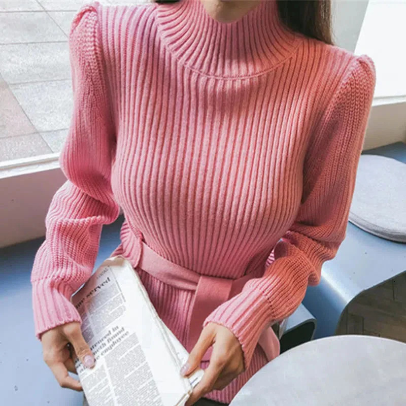 Women's Sweaters Xpqbb Women Turtleneck Pullover Sweater Korean Fashion Bandage Side Split Knitting Jumper Woman Winter Warm Long Sleeve 231026