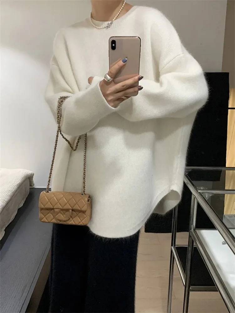 Women's Sweater Loose Cashmere Korean Mid Length Knitwear Vintage French Solid Oversized Pullover Autumn Winter Turtleneck 231026