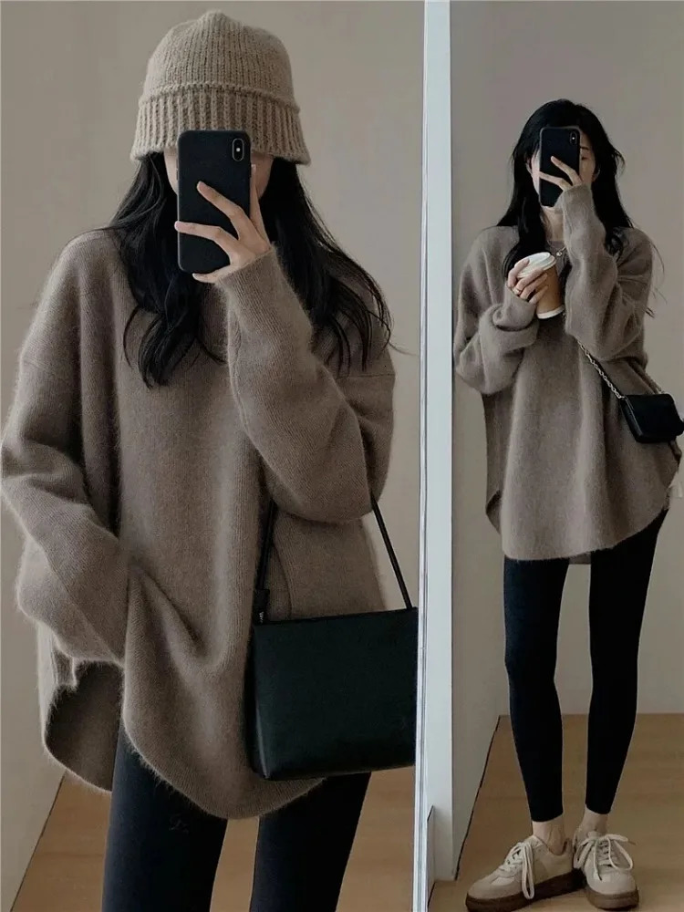 Women's Sweater Loose Cashmere Korean Mid Length Knitwear Vintage French Solid Oversized Pullover Autumn Winter Turtleneck 231026