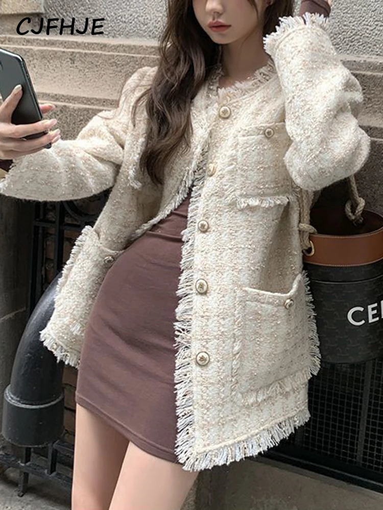 Women's Jackets CJFHJE Women's Beige Round Neck Tassel Outerwear Spring Autumn Korean Fashion Long Sleeve Loose Raw Edge Tweed Women Jacket 