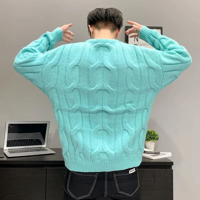Men's Sweaters Fashion Men's Twist Knit Sweater Solid Color Loose Pullover Round Collar Comfortable Harajuku Long Sleeve Top Male Autumn Win