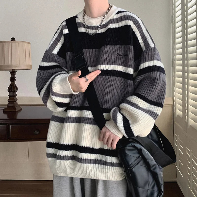 Men's Sweaters Striped Contrast Color Sweater Boys Ins Fashion Casual Retro Couple Sweater Unisex Style Round Neck Jacket Warm Sweater 231026