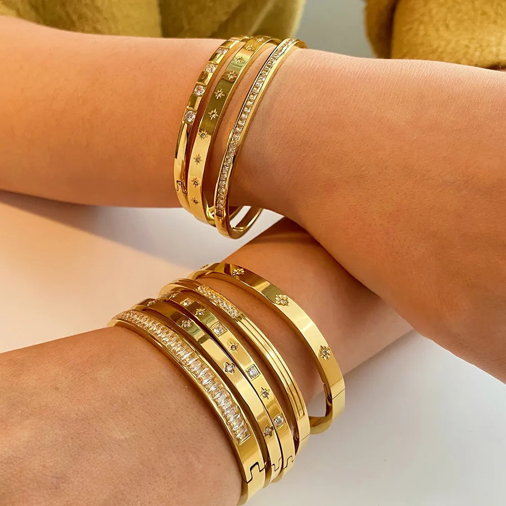 Bangle Waterproof Cubic Zirconia Bangles Stainless Steel Bracelets Gold Plated Jewelry for Women Factory Wholesales Customize