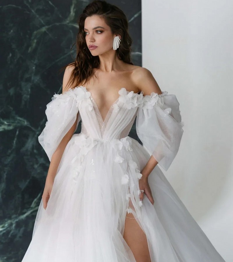 Graceful Hot Sale 3D Flower Wedding Dress 2024 with Detachable Sleeves Silt Bride Gowns Sweetheart Bridal Dresses Open Back Appliqued