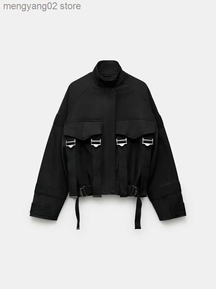 Women's Jackets RR2784 Waterproot Black Bomber Jackets For Women Traf Official Store Contrast High Neck Long Sleeves With Matching Bands Coat T23