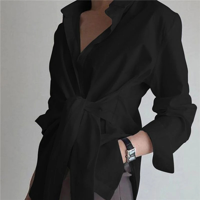 Women's Blouses Shirts Fashion Blouses Women's Long Sleeve Lapel Casual Loose Shirts Spring Solid Color Bandage Clothes Elegant Lady Tops 23