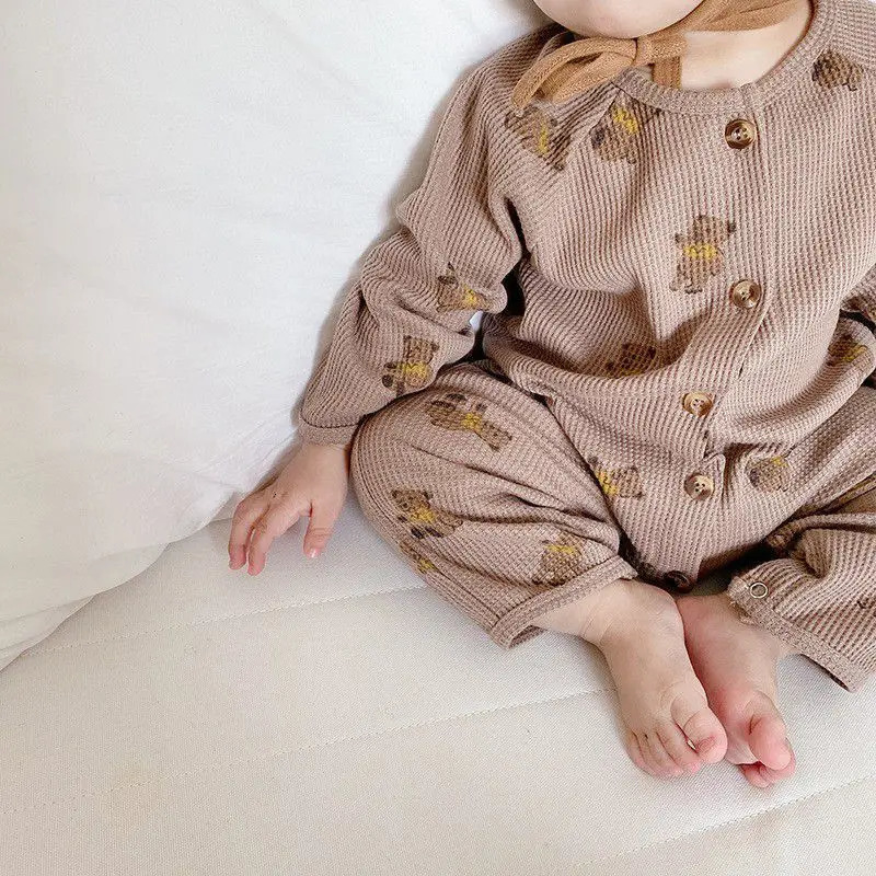 Rompers Bear Romper for Boys Girls Waffle Autumn Baby Jumpsuit Korean Toddler Outfit Infant Onesie born Clothing 231026