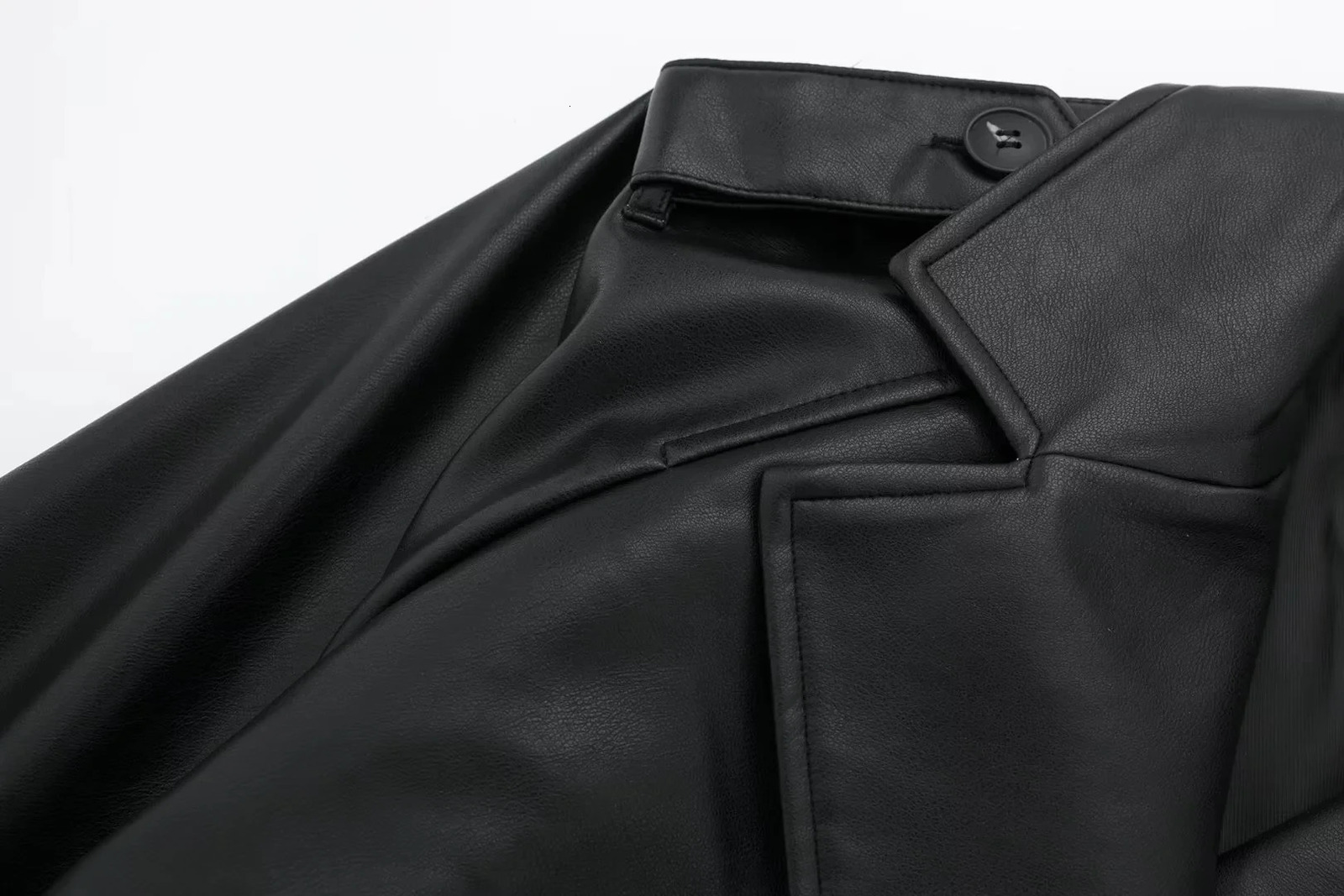 Women's Leather Faux Leather TRAF Cropped Black Jacket Woman Windbreaker Faux Leather Jacket Women Long Sleeve Trench Coat For Women Y2k Belt In 