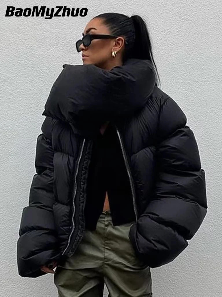 Womens Down Parkas Womens Winter Scarf Collar Jacket Solid Thick Warm Loose Bubble Cotton Coats Female Black Puffer Parkas Casual Outwear 231027