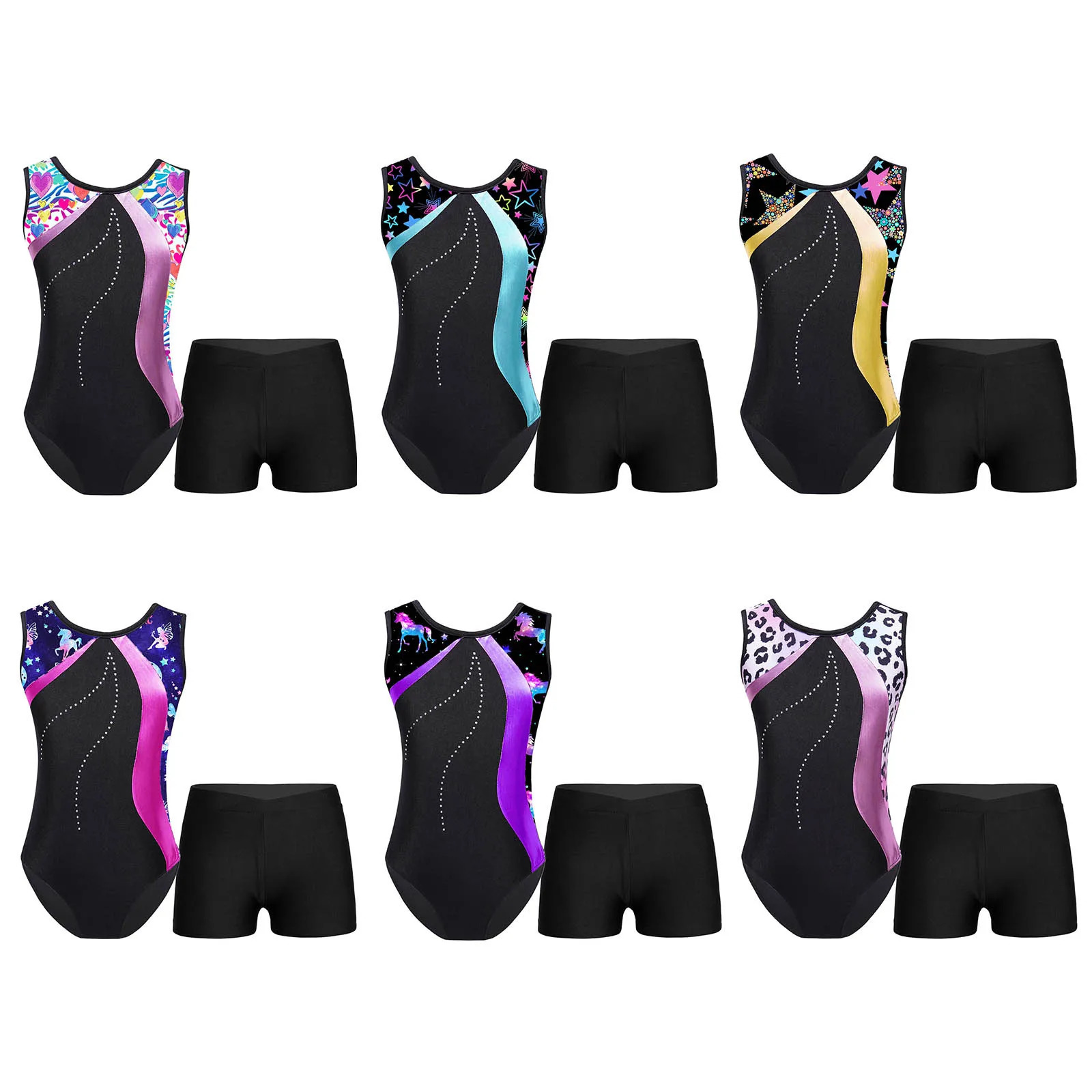 Gymnastic Rings Kids Girls Sleeveless Patchwork Print Gymnastics Leotard with Shorts Workout Skating Jumpsuit Dancewear Ballet Training Costume 231027