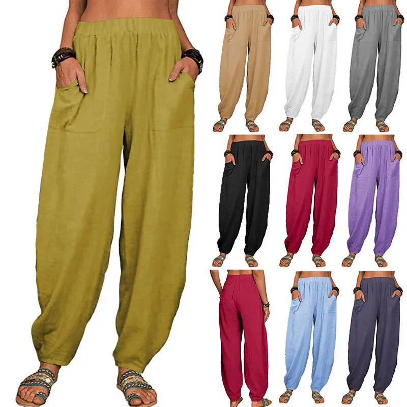 Women's Pants Capris Women Harem Pants Summer Casual Vintage Cotton Linen Pants Elastic Waist Wide Leg Fashion Loose Pockets Female Trousers S-5X