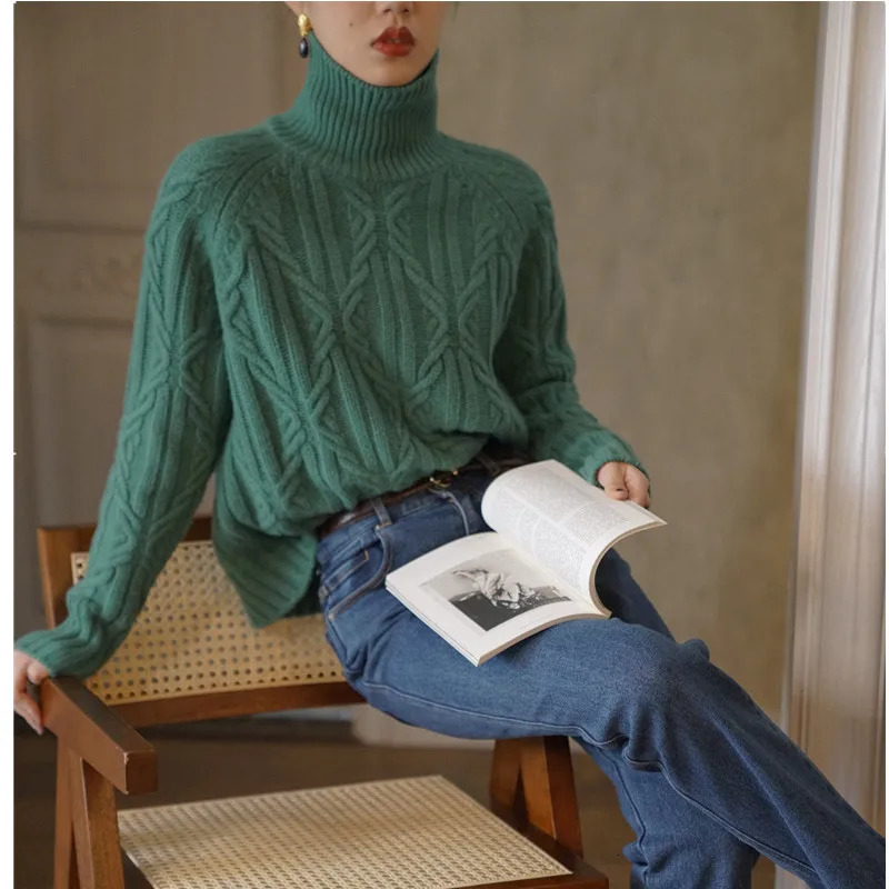 Women's Sweaters autumn and winter women's high neck cashmere sweater casual cable pullover long sleeve loose street fashion 231026