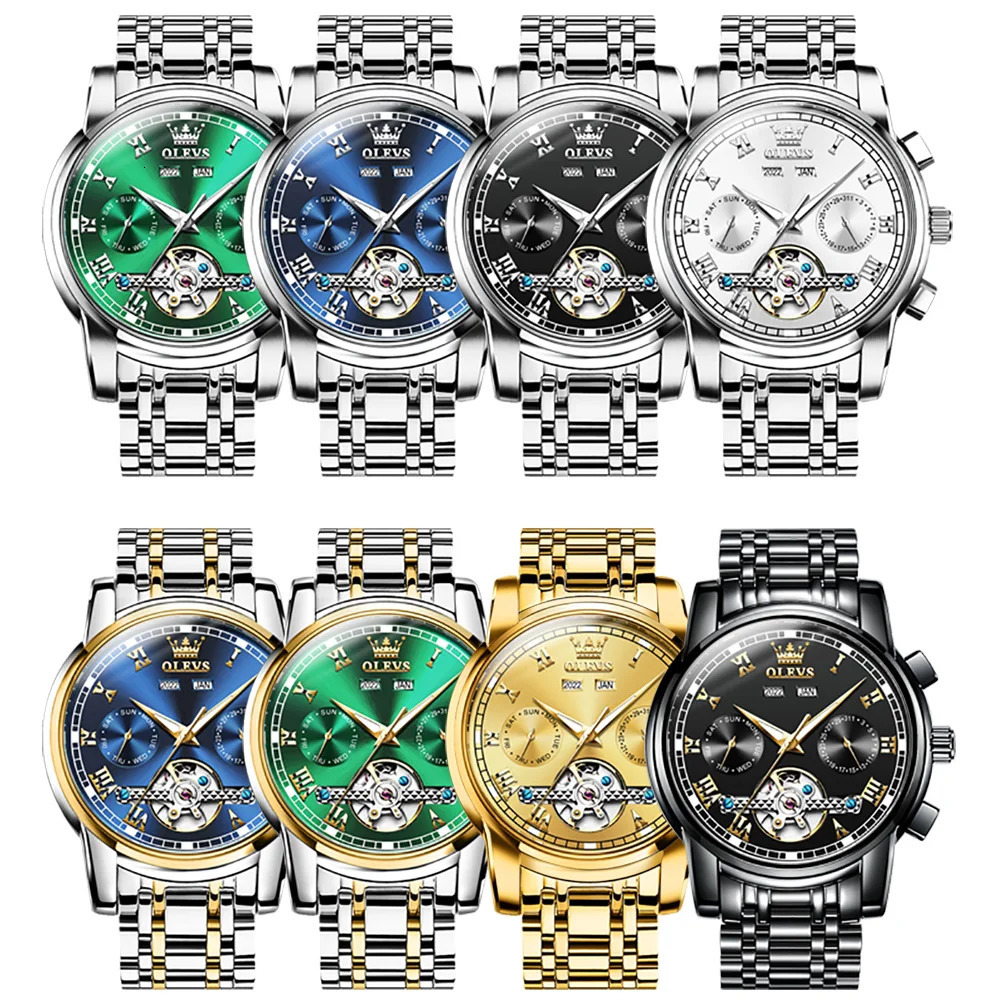 Wristwatches Original OLEVS Automatic Watch for Men Date Calendar Skeleton Hollow Stainless Steel Business Wristwatch Mechanical 231027