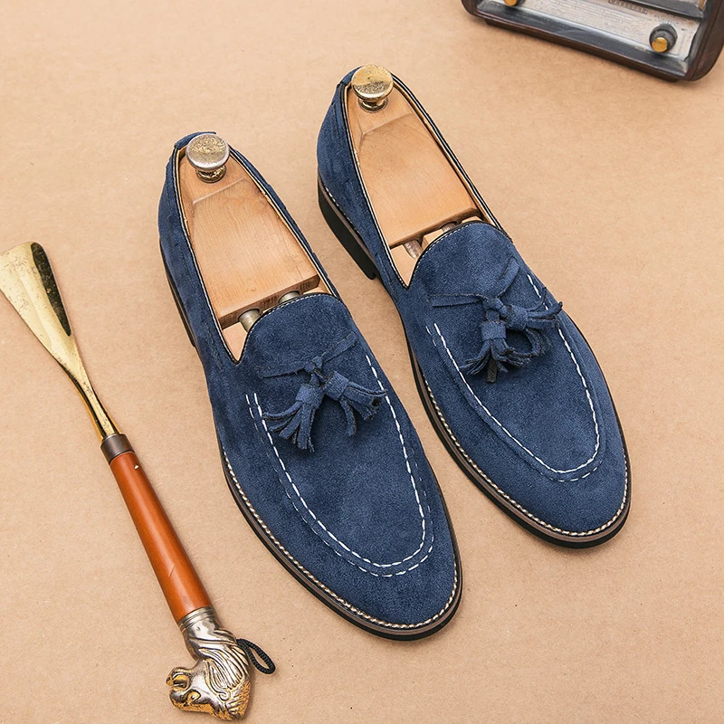 Dress Shoes Men British Suede es Round Toe Tassel Slip on Classic Fashion Business Loafers Wedding atos Hombre Designer Shoes