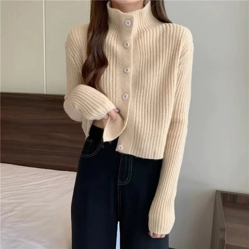 Women's Knits Tees Fashion Style Standing Collar Short 100 Wool Knitted Cardigan Autumn and Winter Loose Lapel Cashmere Small Coat Top 231027