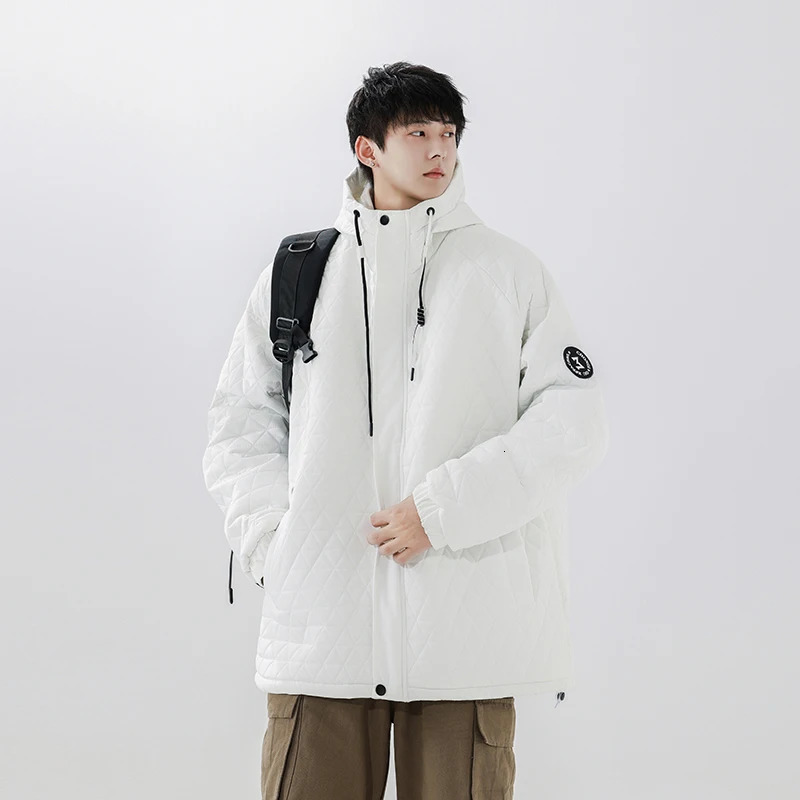 Men's Down Parkas Winter Hooded Zip-Up Men's Windbreaker Lightweight Padded Jacket Diamond Lattice Coat Retro Parkas Fashion Thick Warm Oute