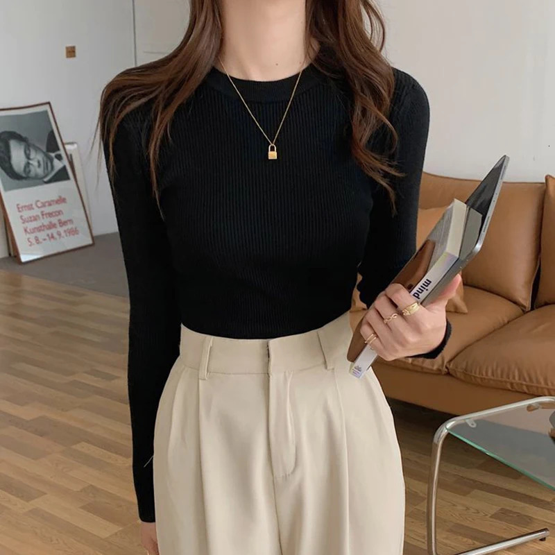 Women's Sweaters Lucyever Sweater Women Pullover Autumn Winter Basic Slim Fit ONeck Knitted Female Solid Ribbed Long Sleeve Jumpers Top 231026