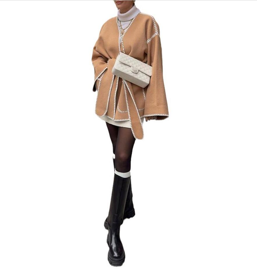 2023 Autumn/Winter New V-neck Lace up Cardigan Jacket Waistband Lace Design Coat