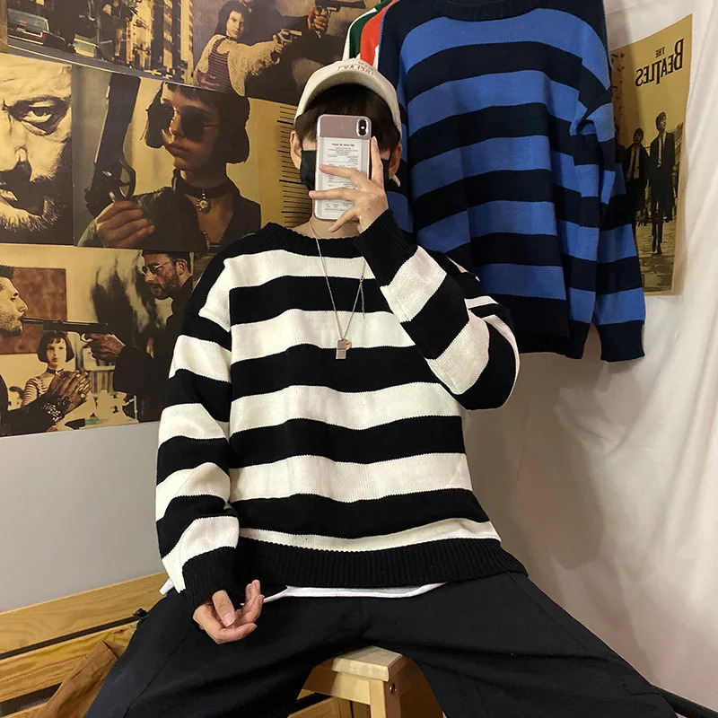 Men's Sweaters Loose Knitted Sweater Ins Round Neck Sweater Boys Trendy Personality Hong Kong Style Striped Couple Jacket Warm Sweatshirt 231026