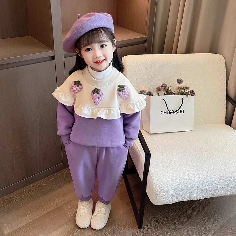 Clothing Sets Children Winter Clothing Sets Baby Girls Strawberry Thickened Sweater Pants Kids Clothes Outfits Infant Tracksuits Sportswear 231026