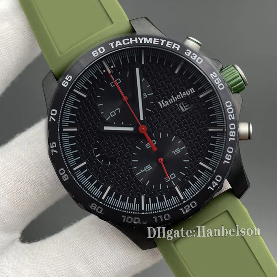 Men Watches Green Rubber Strap VK Battery Chronograph Quartz Movement Black Case Wristwatches Luxusuhr Hanbelson 48mm