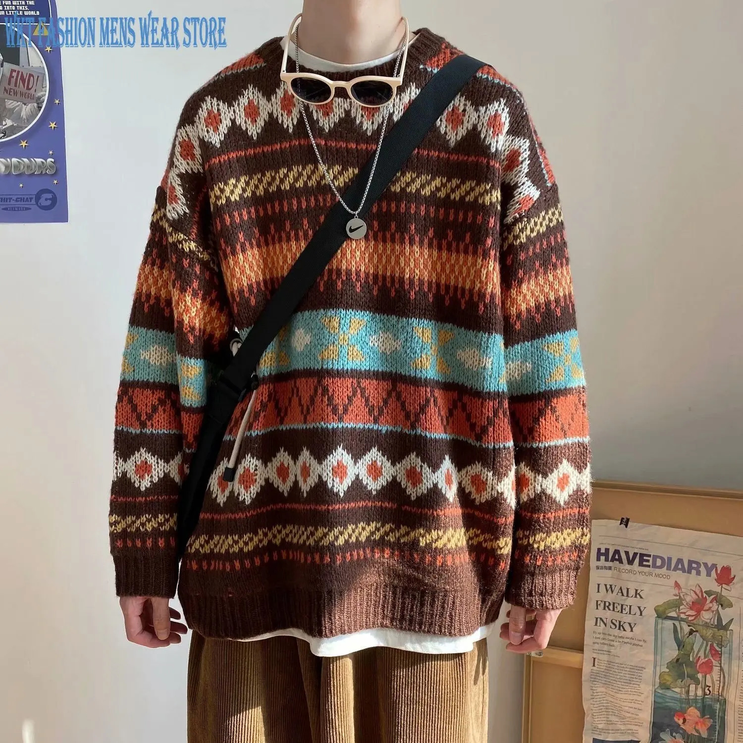 Men's Sweaters Sweater Men's Loose-Fitting Casual Round-Neck Knitwear Autumn Versatile Sweaters Ethnic Style Pullover Vintage Pullovers 2310