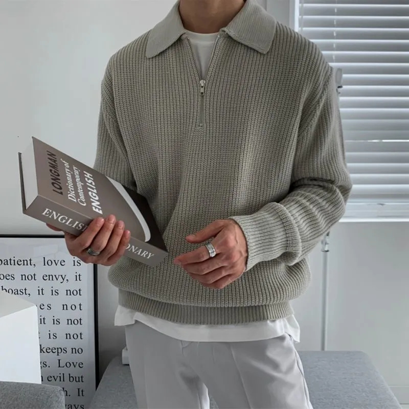 Men's Sweaters 3-Color Lapel Sweater Men Warm Fashion Casual Knit Pullover Men Korean Loose Zipper Long Sleeve Sweater Mens Jumper Clothes 231026