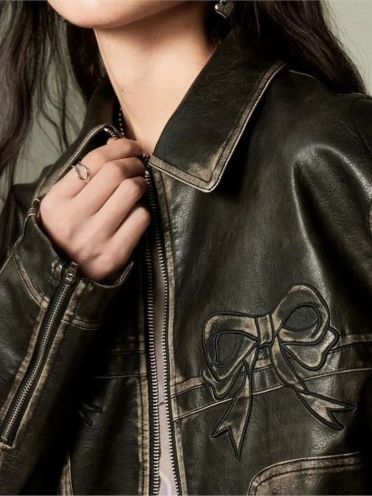 Women's Leather Faux Leather Bow Y2k Motorcycle PU Leather Jacket Fashion Women Zipper Polo-neck Sweet Cool Coat Autumn Vintage Street Oversize T