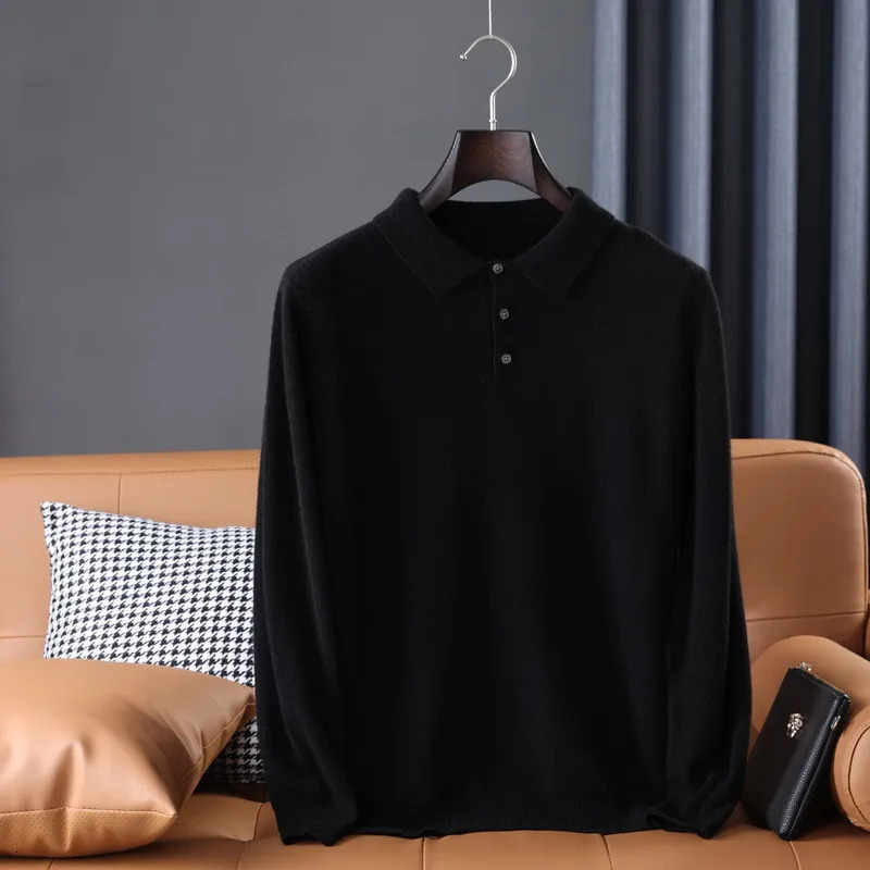 Men s Casual Shirts High Qualtity Oversized Cashmere Knitted Lapel T shirt for Men Long Sleeve Polo Shirt Solid Color Trend Leisure Grey White Black 2