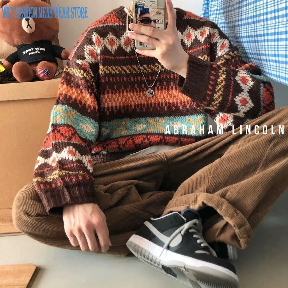Men's Sweaters Sweater Men's Loose-Fitting Casual Round-Neck Knitwear Autumn Versatile Sweaters Ethnic Style Pullover Vintage Pullovers 2310