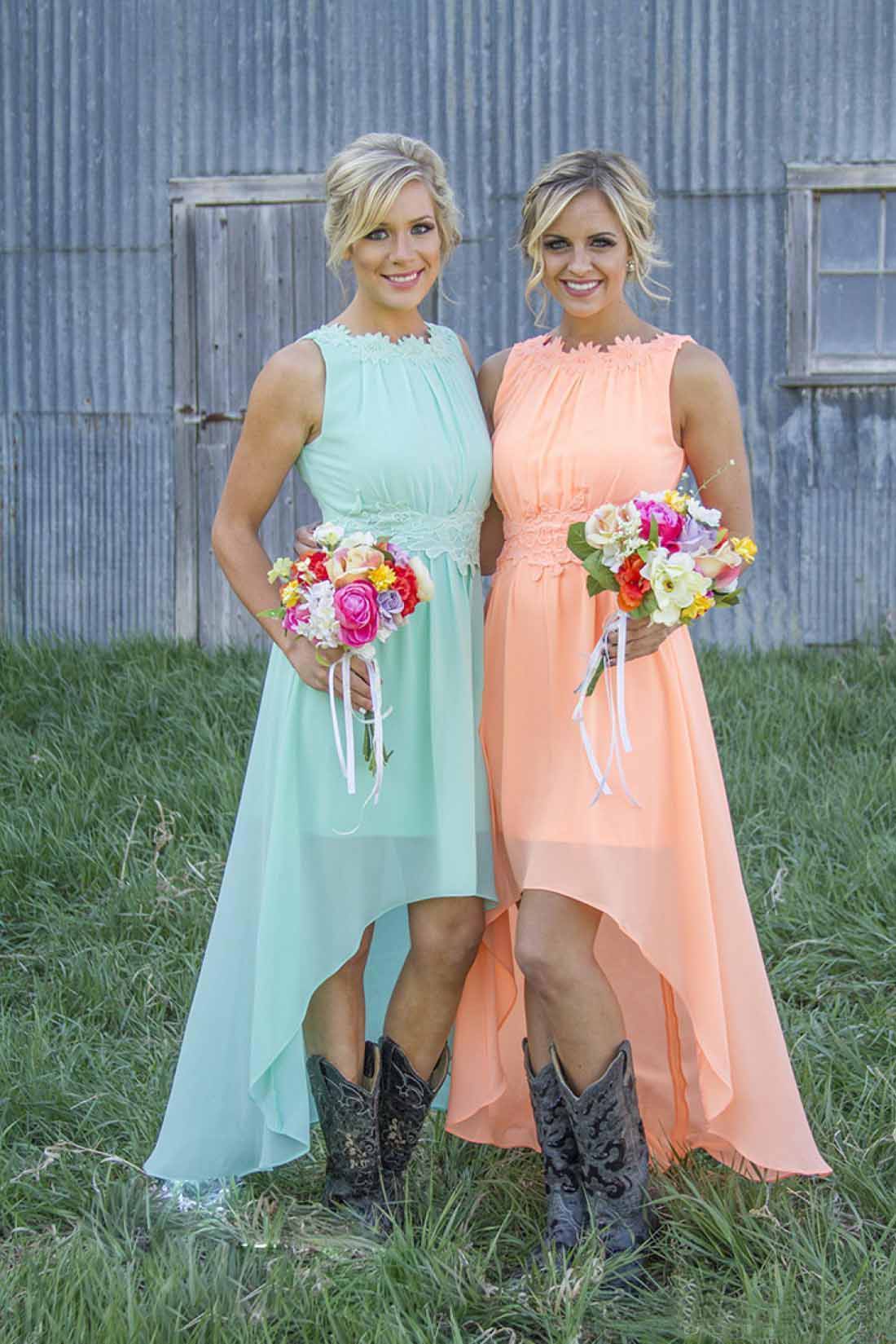Casual Mint Orange Chiffon High Low Bridesmaid Dresses 2023 Cheap Country Lace Wasit Maid Of Honor Wedding Party Dress Custom Made