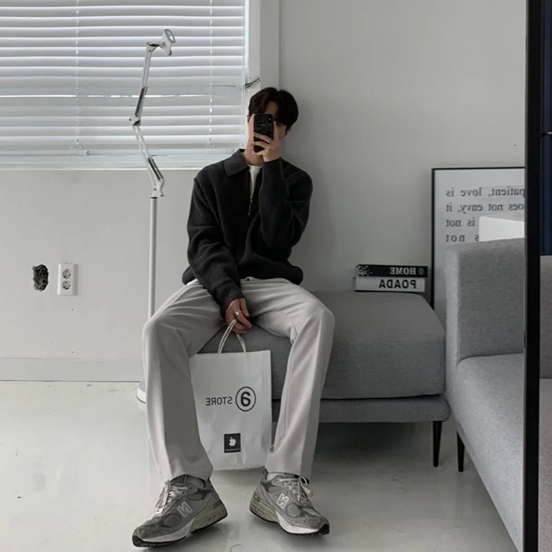 Men's Sweaters 3-Color Lapel Sweater Men Warm Fashion Casual Knit Pullover Men Korean Loose Zipper Long Sleeve Sweater Mens Jumper Clothes 231026