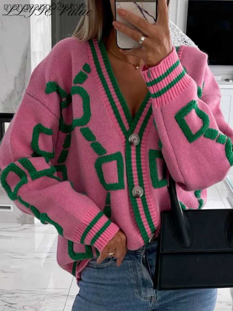Women's Sweaters Cardigan For Women Green Striped Pink Knit Button Lady Cardigans Sweaters V-neck Loose Casual Winter 2022 Knitted Coat Fash